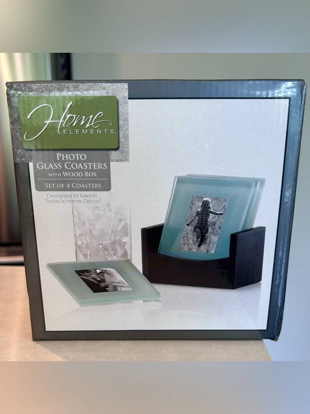 New Home Elements Frosted Glass Photo Coasters with Wood Box